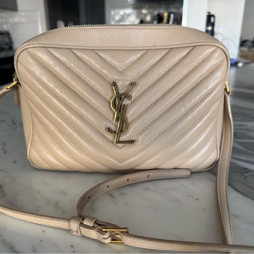 Yves Saint Laurent Lou Camera Chevron Crossbody Bag with Gold Hardware in cream